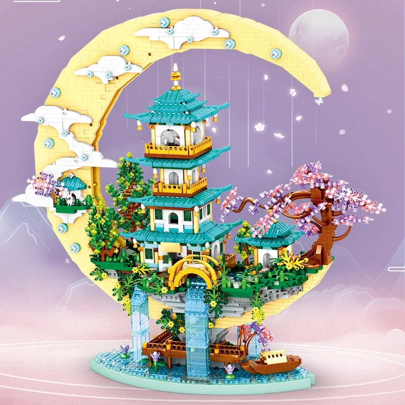 Blocs de construction créatifs du palais de la lune, briques, légende légère, cascade, étang, château, maison d'arbre, vue sur la ville, modèle de jouets pour enfants et adultes