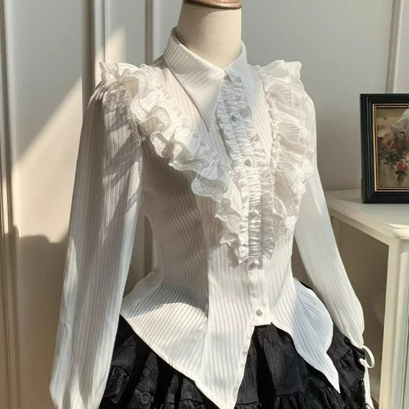 Vintage Blouse Women Y2K Aesthetic Lolita Kawaii Retro Slim Fit Fashion Tops Lace Trim Sweet Ruffle Elegant Casual Ladies Shirts