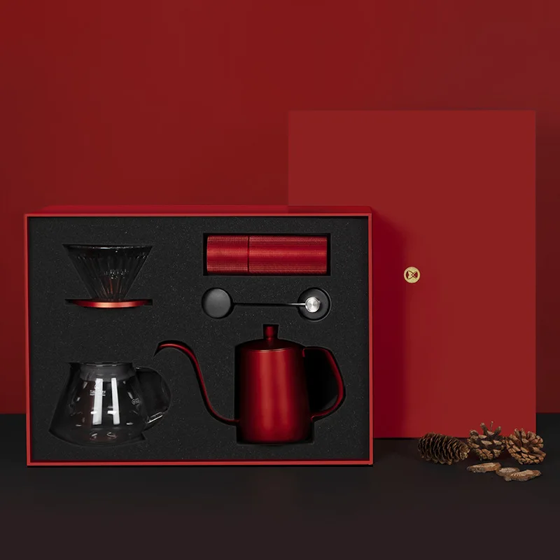 

Chinese Red Full Set Handmade Coffee Gift Box, Home Bean Grinder, Coffee Utensils, Festival Gift Selection