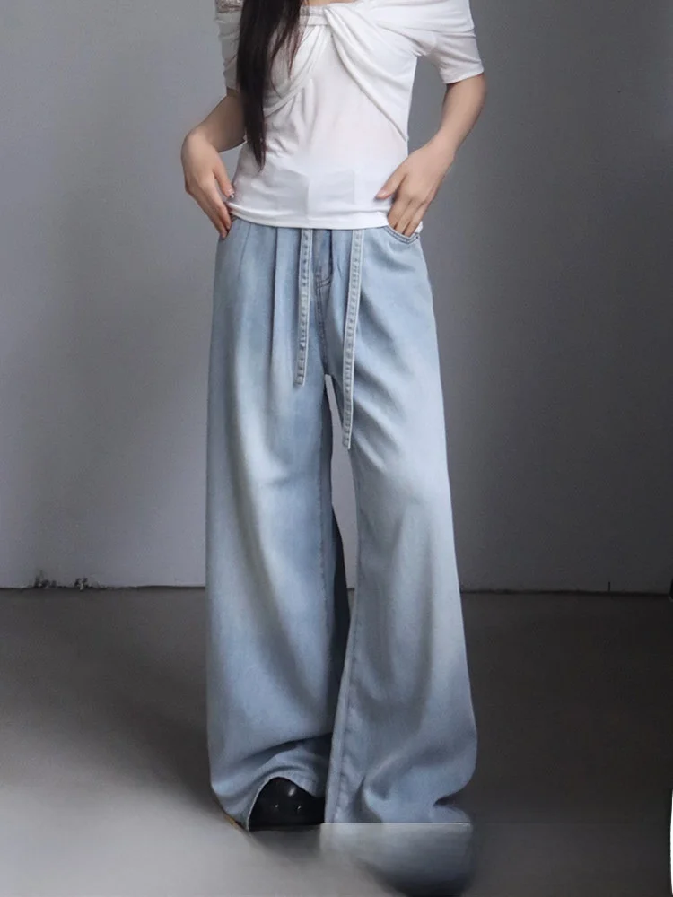 

Широкие джинсы Laid-Ba из шелковистого денима для женщин, тонкие, с высокой талией, прямого кроя, длиной в пол, светло-голубые, повседневные