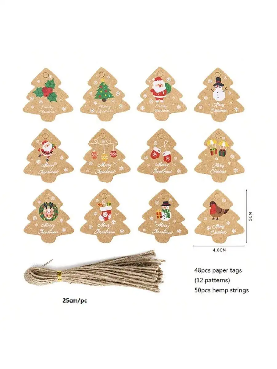 48 Stuks Kerstboom Tags Cadeau Zakjes Opknoping Kraftpapier Tag Retro Kerst Candy Cookies Verpakking Benodigdheden Noel Navidad Decoratie