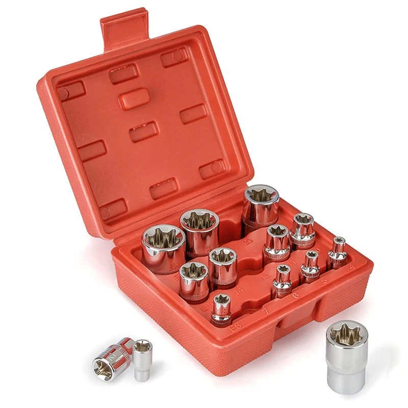 

14Pcs E-Torx Star Socket Set Female External Star E4-E24 Torque Socket Set 1/4" 3/8" 1/2" Drive Bit Adapter