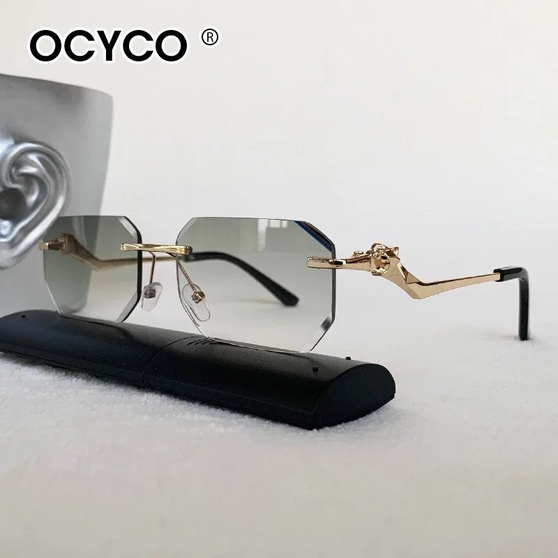 OCYCO Fashion Rimless Sunglasses Men Trendy Vintage Cheetah Head Alloy Frameless Eyeglasses For Man Luxury Driving Sun Glasses