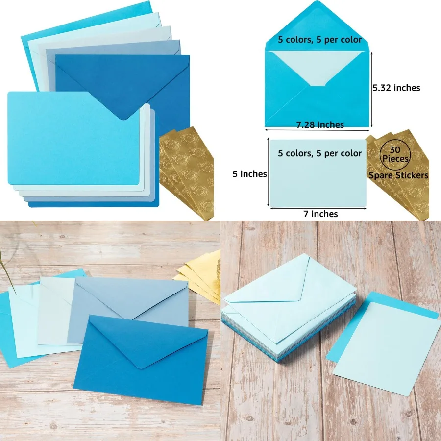

25-Piece A7 Colored Envelopes with Matching Cards and Stickers Set in 5 Vibrant Colors Ideal for Wedding Invitations Birthday C