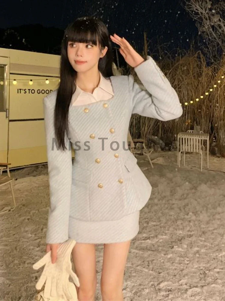 Autumn Winter Sweet Hot Girl Suit for Women\'s Square Collar Woolen Jacket High Waisted Mini Skirt Two-piece Set Female Clothes