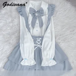 Japanese Mine Mass-Produced Women's Rhinestone Bow Water Color Long Sleeve Shirt Suspender Skirt Lolita Girl Skirt Set Outfits