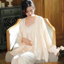 White Palace Style Princess Pajama Set Sexy Strap Top Cardigan Pants Three Piece Home Clothes Nightwear Satin Women's Sleepwear