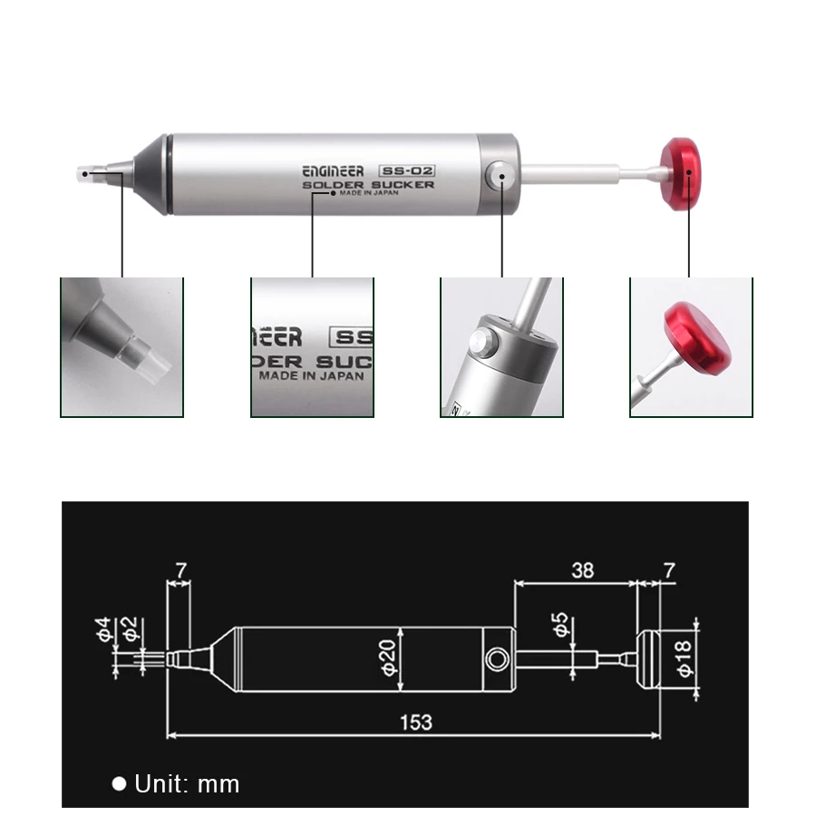 ENGINEER Desoldering Pump High temperature resistance 350°C Manual Solder Sucker Welding Tool Made in Japan SS-02