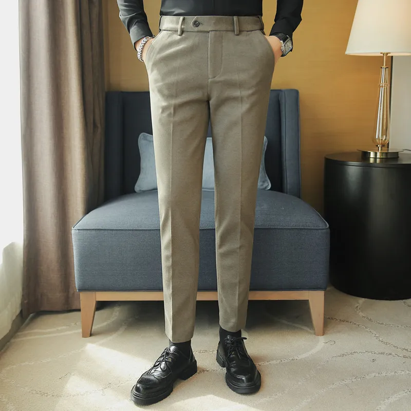 خريف شتاء جديد سميكة الدافئة سراويل تقليدية الرجال مرونة الخصر الصلبة سليم بنطلون موضة الأعمال الرسمية مكتب البدلة بانت #4