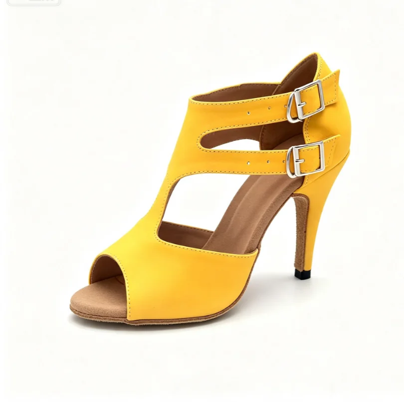 Evk Women's Peep Toe Double Buckle 8.5cm High Heel Latin Dance Shoes Salsa Bachata Ballroom Dancing Sandals Girls Party Footwear