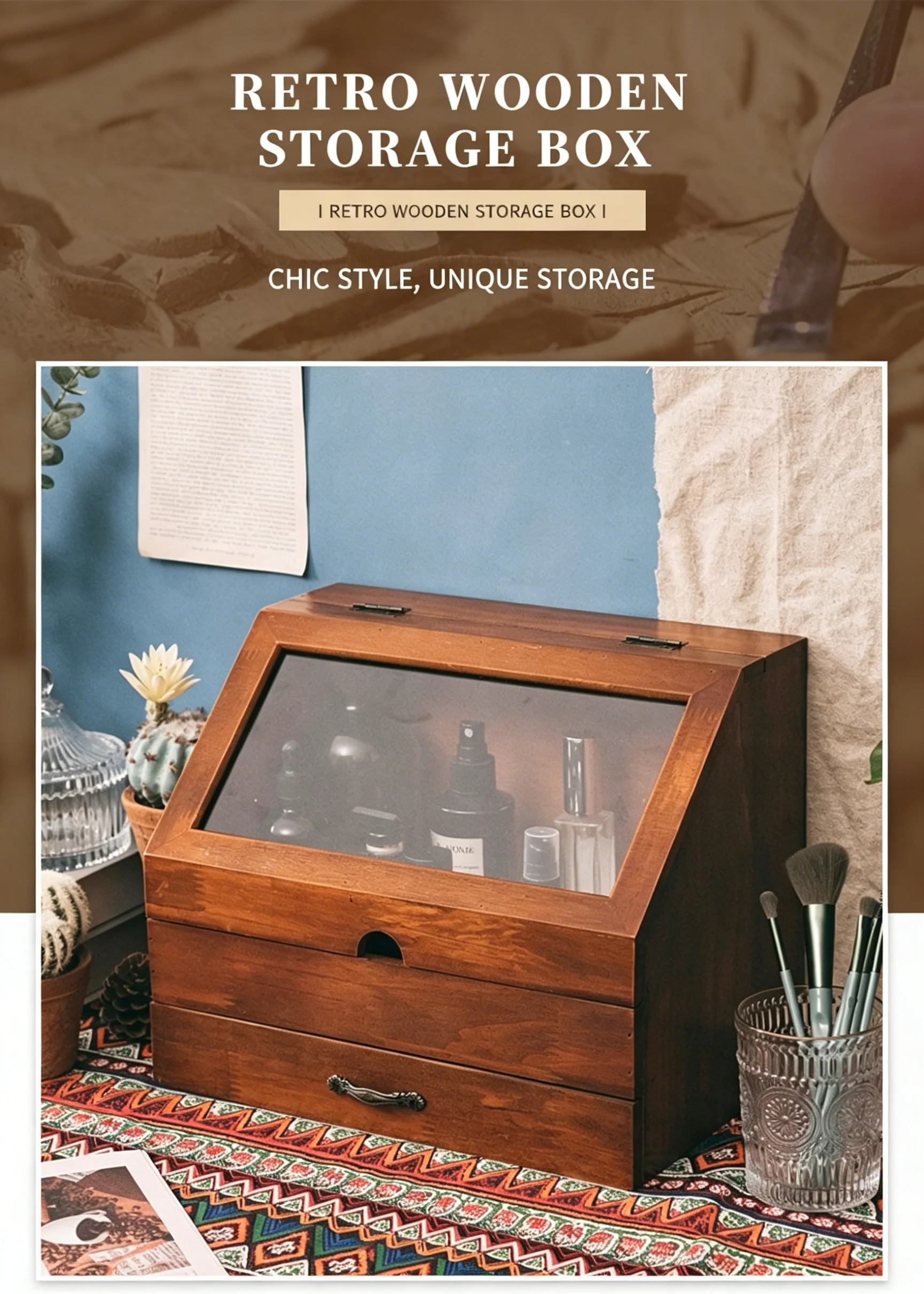 Large-capacity flip-top solid wood storage box, dustproof flip-top with drawer