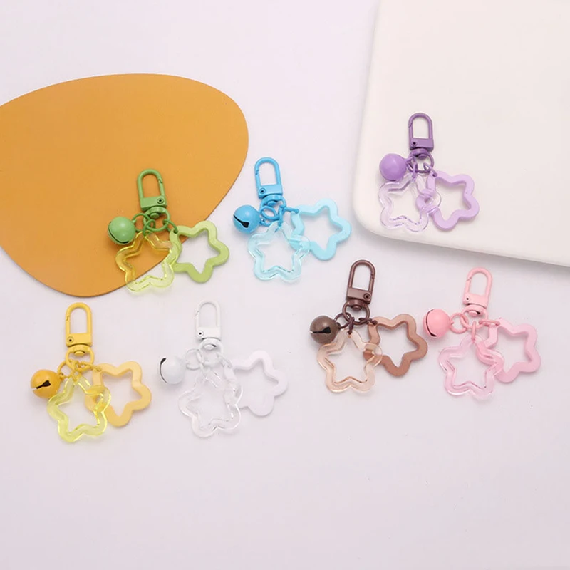 Hollow Five-pointed Star Bell Pendant Car Hanging Keychain Candy Color Bag Keyring DIY Jewelry Making Key Ring For Women Girl