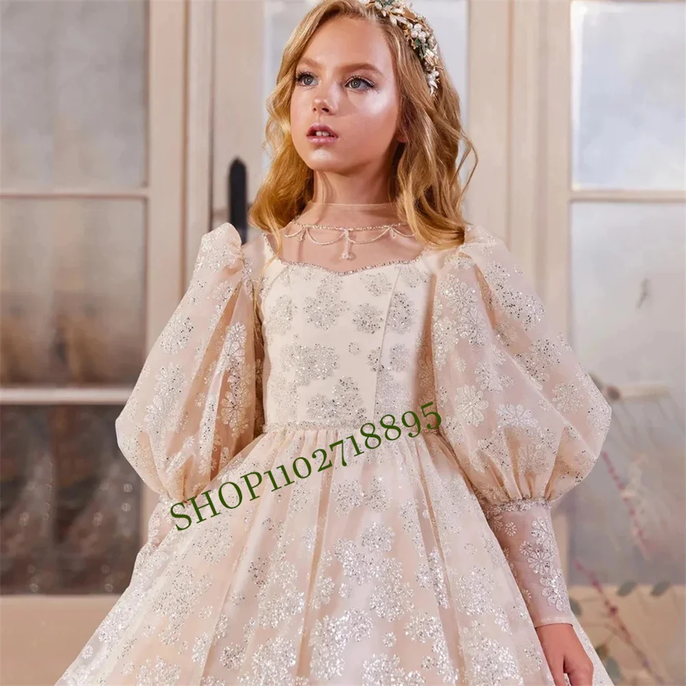 Gorgeous Tulle Glitter Sequins Beading Flower Girl Dress For Wedding Ball Gown For Kid Birthday Party Wear First Communion Dress