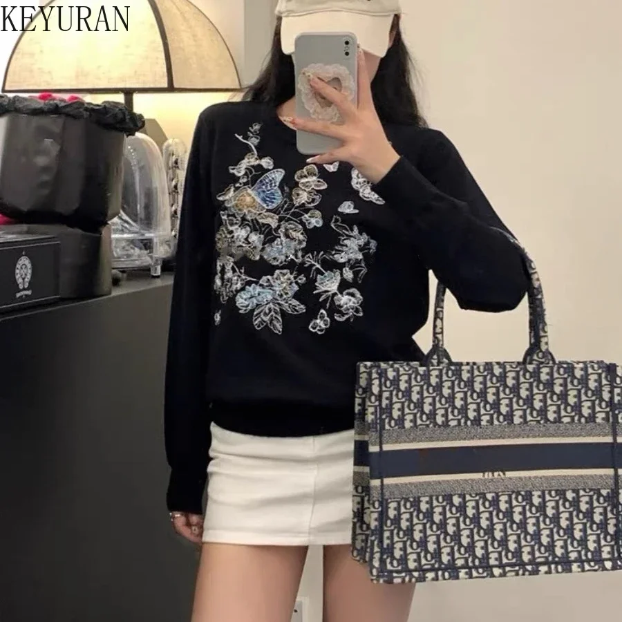 Spring Autumn Butterfly Flower Embroidery Sweaters Women Design Runway O-Neck Long Sleeve Knitted Pullover Sweater Mujer Jumper