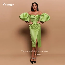 Verngo 2023 Light Green Satin Formal Party Dresses Sweetheart Puff Short Sleeves Tea Length Occasion Night Evening Gowns