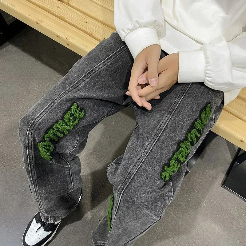 Jeans for Men Embroidery Graphic Male Cowboy Pants Straight Black Trousers Hip Hop Summer Trend 2024 Denim Stylish Washed Kpop