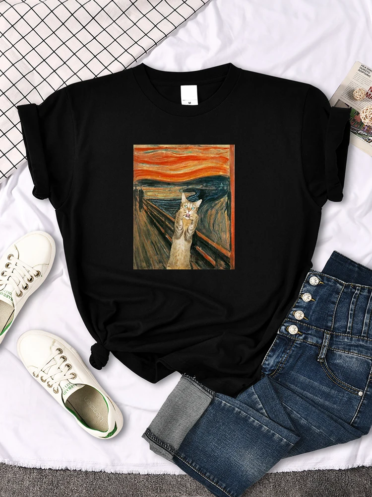 Tshirts Surprised Kitten Oil Painting Print T-Shirts For Women Vintage Casual Woman T Shirts Crewneck Hip Hop Woman Clothes