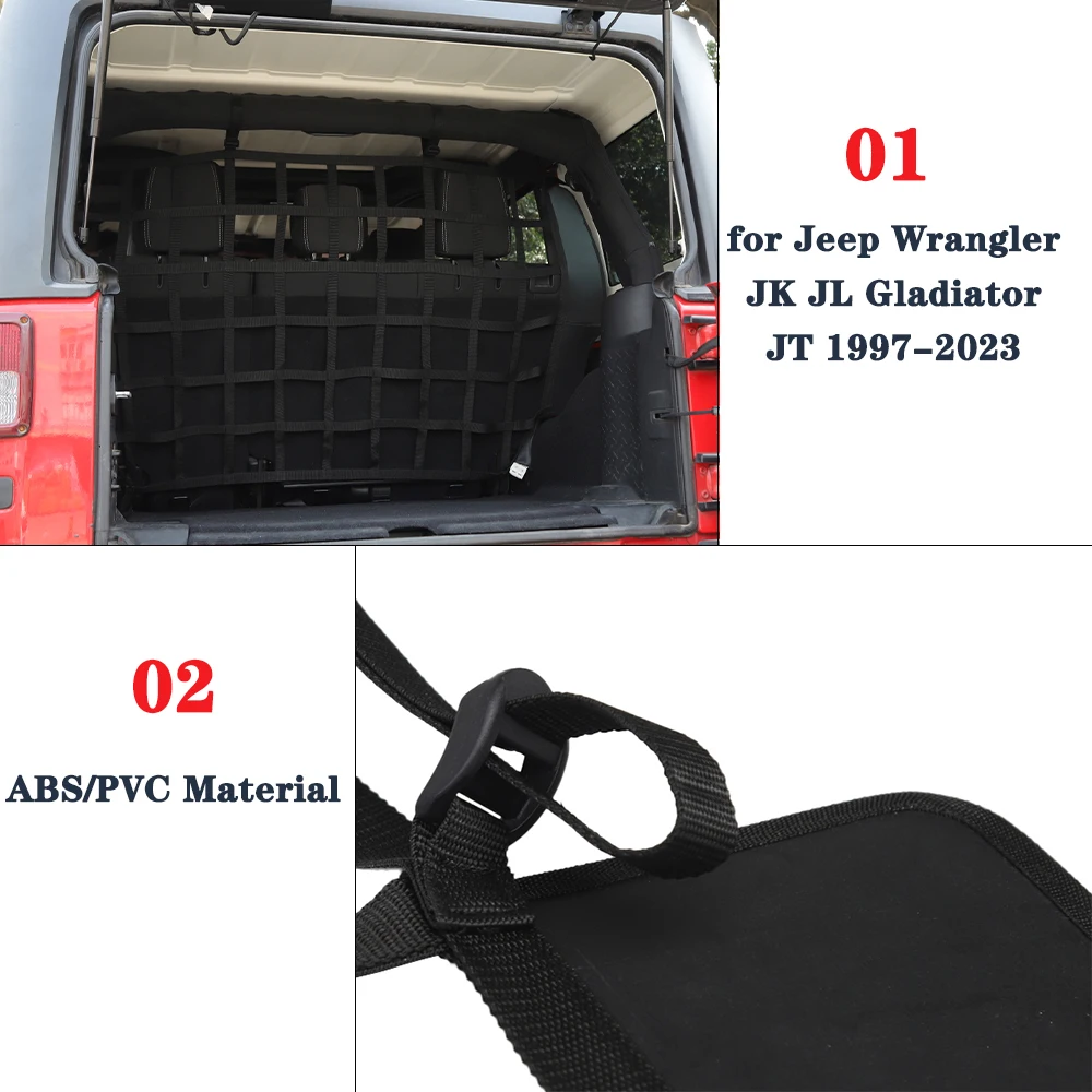 Dog Barrier Protector Isolation Pet Net Trunk Safety Mesh for Jeep Wrangler JK JL Gladiator JT 2007-2023 Interior Moulding Black