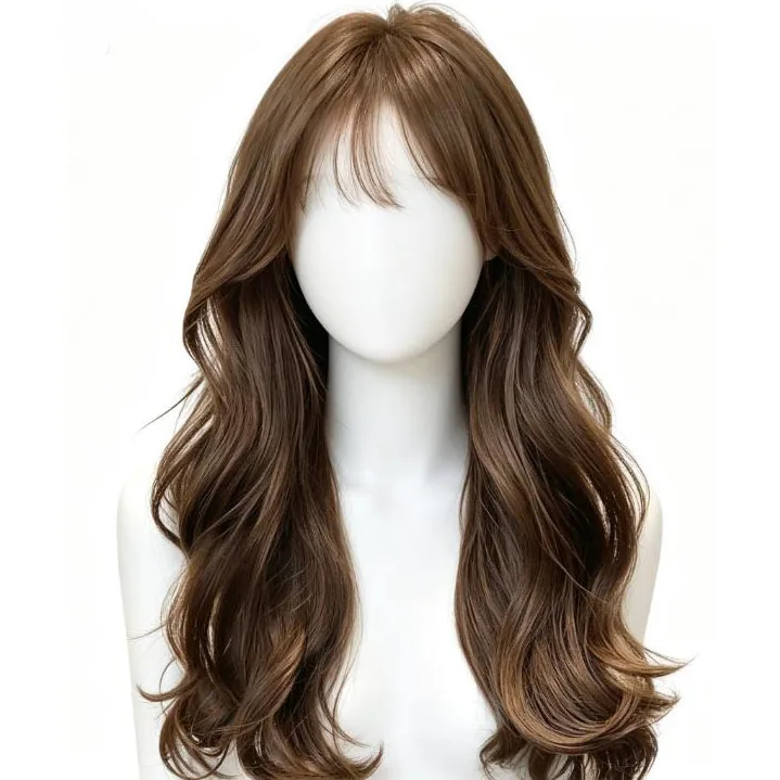 Gentle brown design with air bangs and wavy long hair, lightweight to wear, fashionable wig