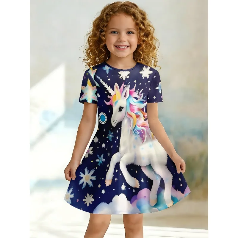 Girl Galaxy Unicorn Printed T-shirt Dress Deep Blue Star Casual Dress Suitable for Children's Party Role Playing Birthday Gifts