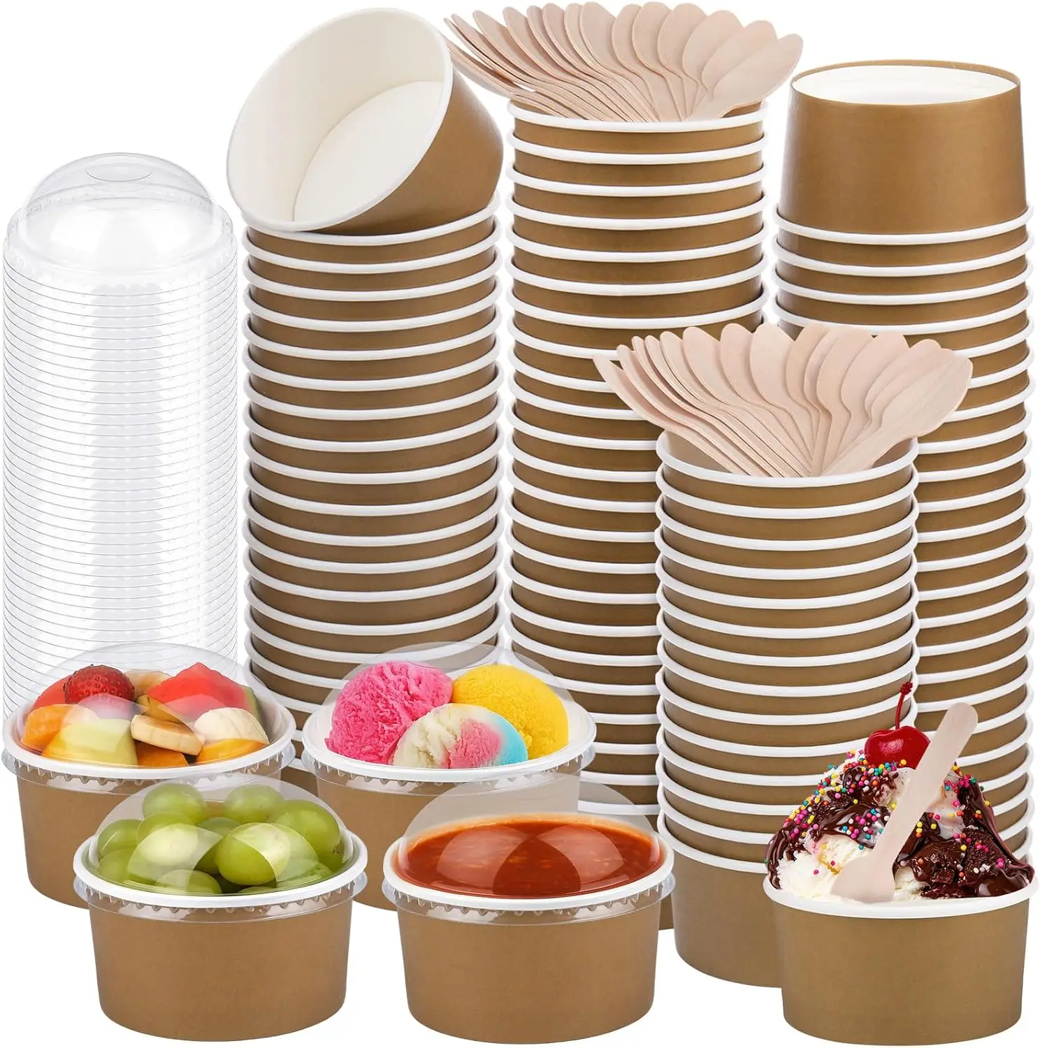 

100 Pack 5 oz Ice Cream Paper Cups with Lids and Spoons Disposable Dessert Cups Ice Cream Bowls Sundae Containers for Sn