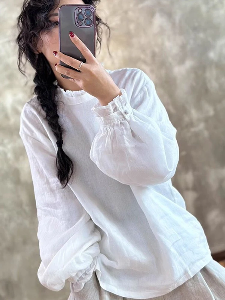 レッドレースカラーリネンirtレディースルーズランタンスリーブファッション春2025通勤スリーブレギュラースリーブロングスリーブトップ