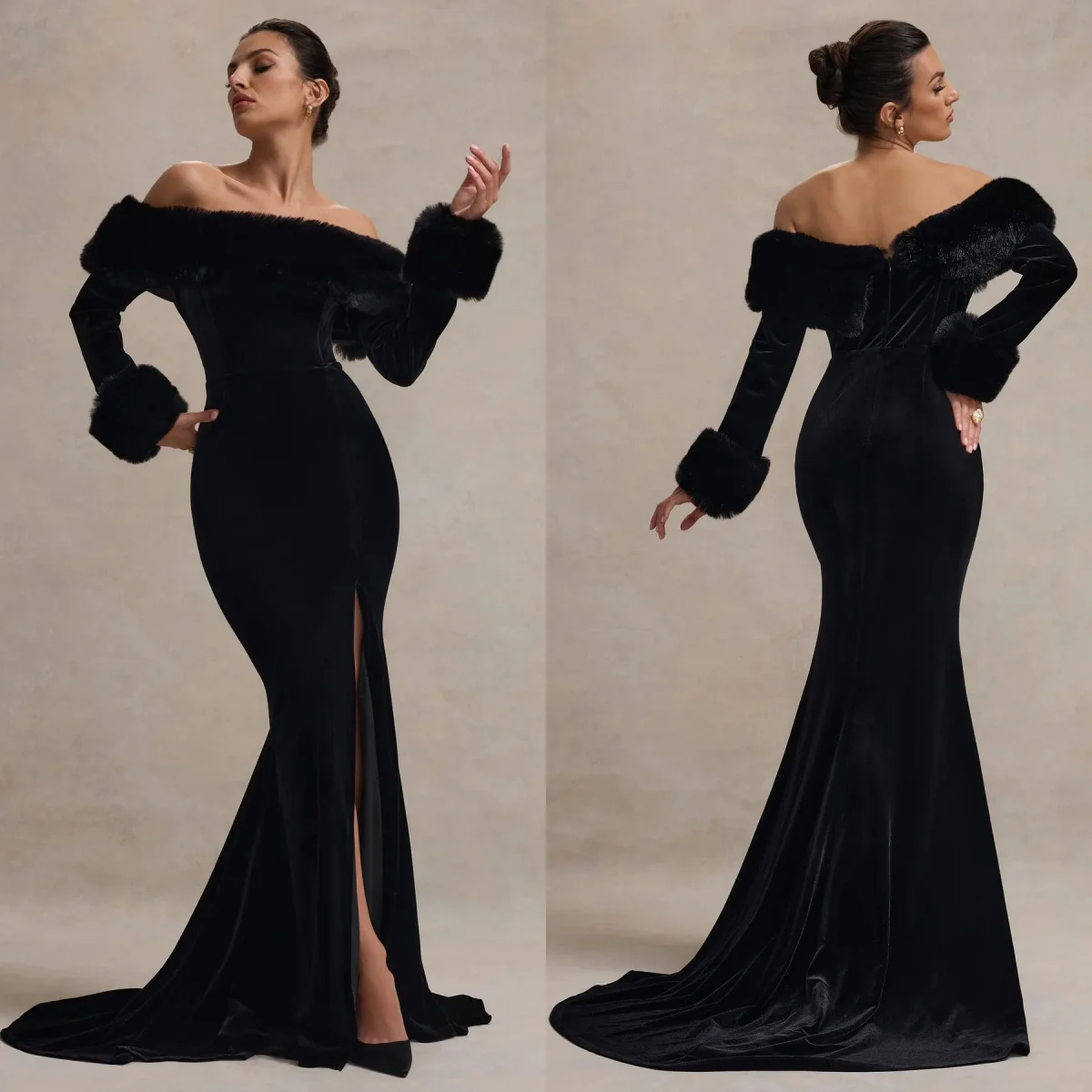 Robe de soirée sirène noire simple pour femme, manches longues, fendue sur le côté, chaud, fourrure, Rh, sexy, invité de mariage, tout ce qui est