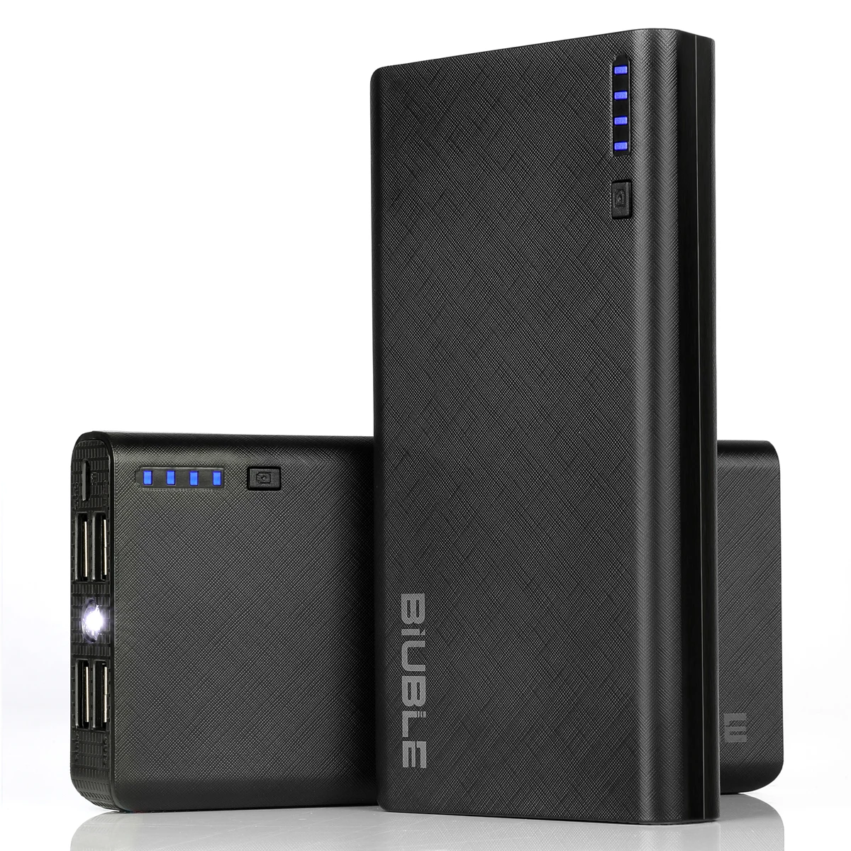 Black High-Capacity Portable Power Bank with 4 USB Outputs for Fast and Efficient Charging on the Go