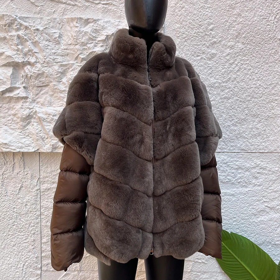 Natural Fur Puffer Jacket Real Rex Rabbit Fur Jacket With High Collar Women's Down Jacket Trending Short Genuine Fur Outerwear