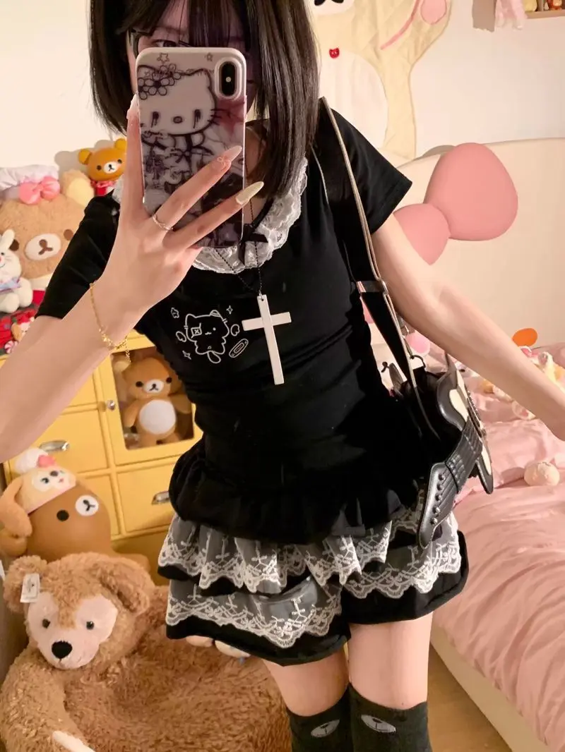 Neue Subkultur Y2k Zwei Stück Set Frauen Punk Dark Nette Tops + Spitze Mini Röcke Anzug Harajuku Japanischen Kawaii Design outfits 2025