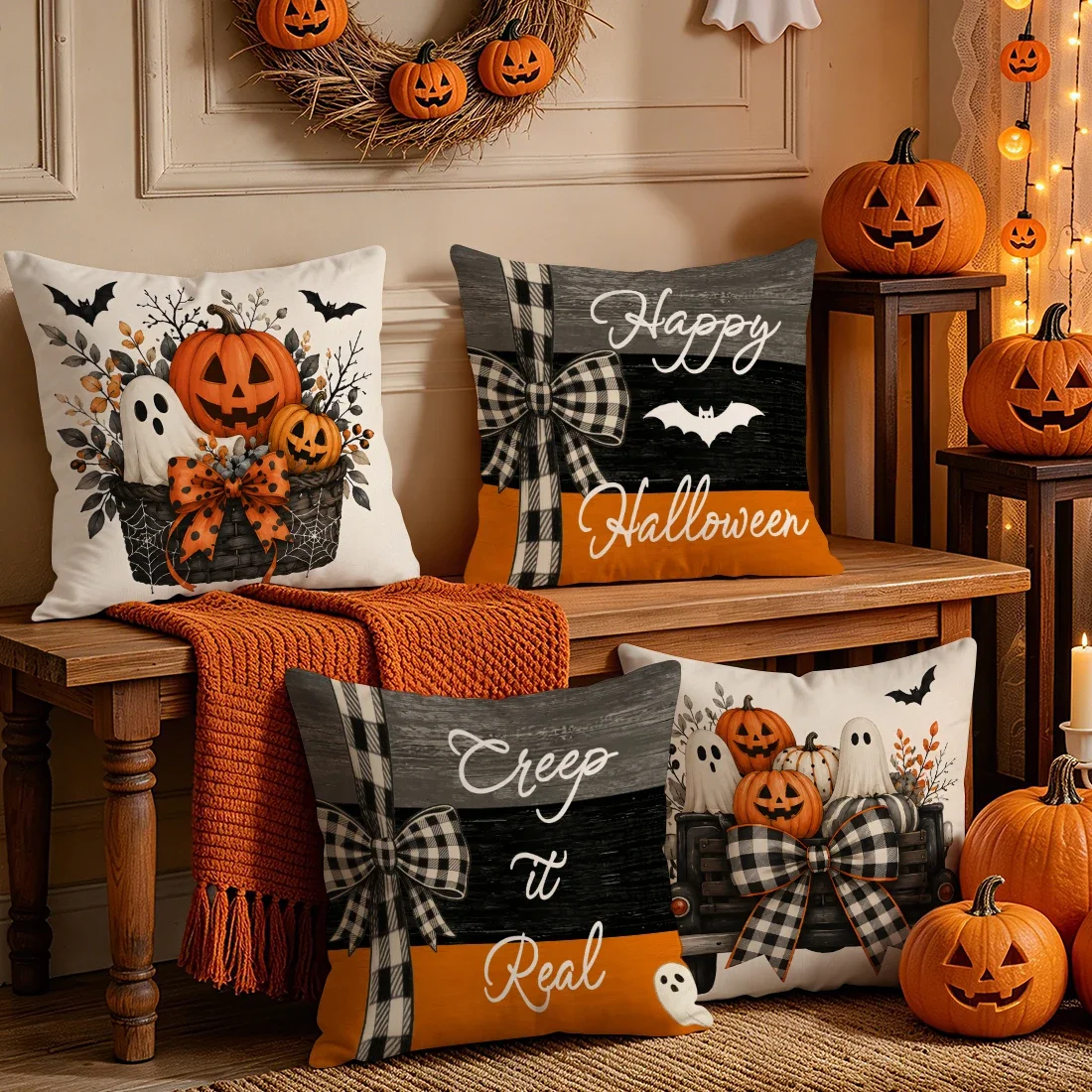 1pcs/4pcs Plaid Bow Halloween Truck Cushions Pillowcase Polyester Cushion Cover Throw Pillow Pillowcover Home Car Sofa Decor