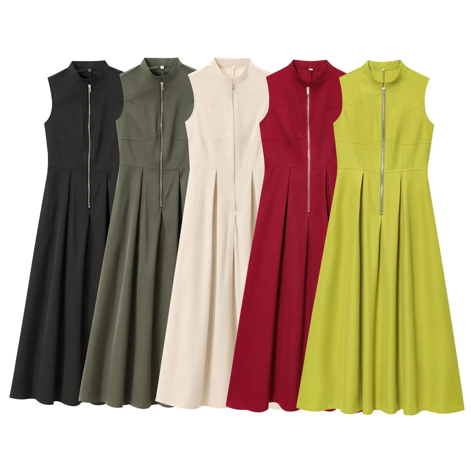 HH Elegant Commuter Midi Dresses For Women Sleeveless Solid O Neck A-line Pleated Design Zipper With Pockets Causal Dress