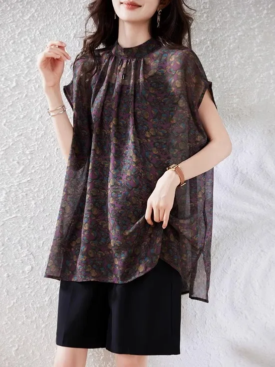 

plus Size Loose Floral Print Chiffon Shirt Women's Summer Fashion Casual Style Meat Concealing Top Polyester Fiber Short Sleeve