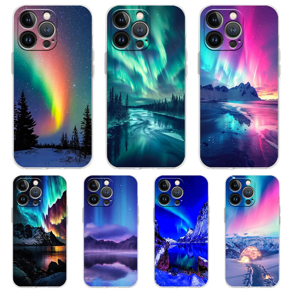 Beautiful northern lights Phone Case For iPhone 15 14 13 12 Mini 11 Pro Max XS X XR 7 8 Plus Clear Shockproof Silicone TPU Cover