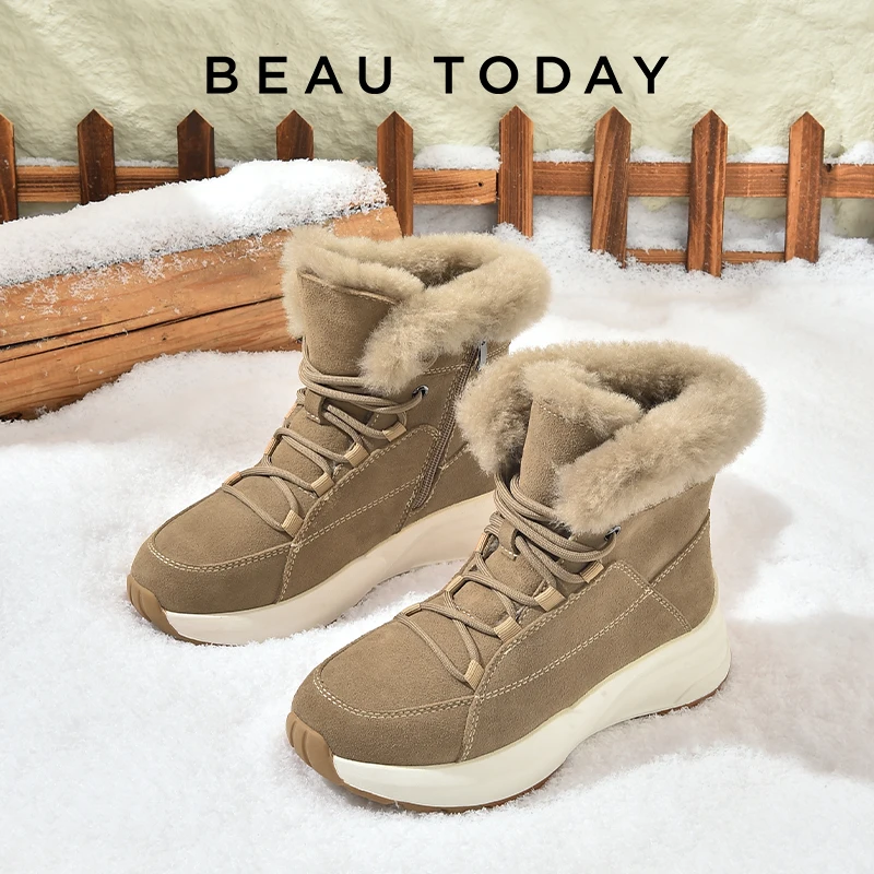 BEAUTODAY Winnter Snow Boots Women Cow Suede Ankle Bootie Round Toe Lace Up Furry Outdoor Ladies Shoes Handmade 08225