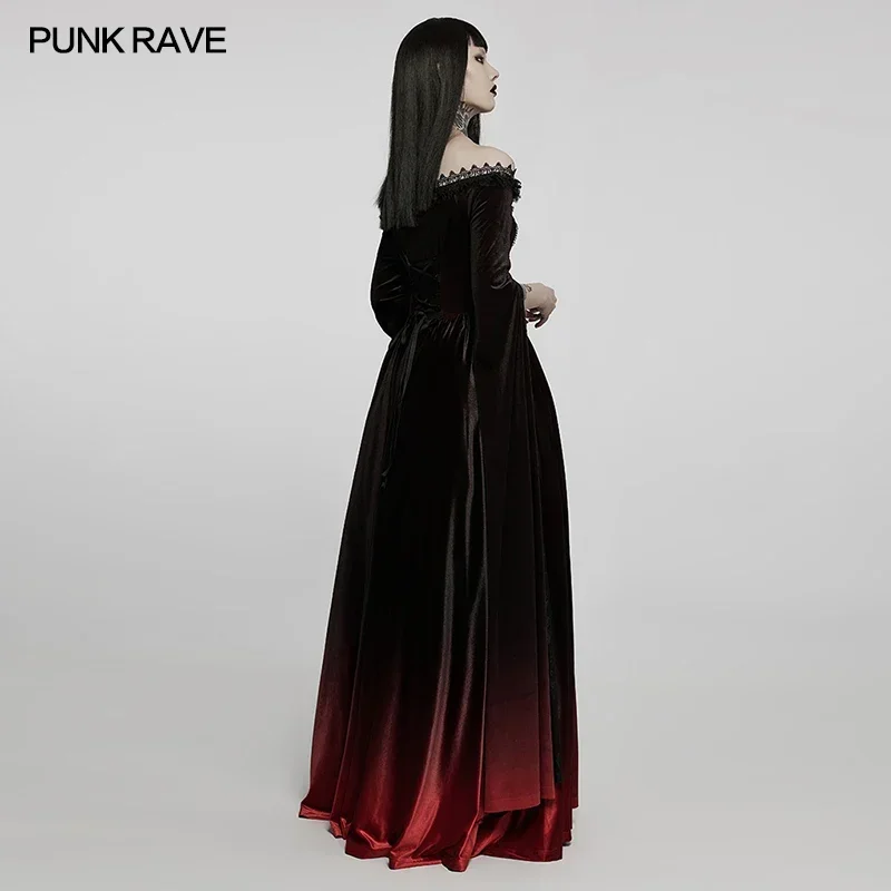 PUNK RAVE Women\'s Gothic Gradient Velvet Nobility Long Gown Off Shoulder Dreamy Distinctive Split Sleeves Party Club Dress