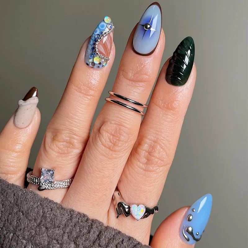 

24PCS Blue Blush Almond False Nails with Glue 3D Metallic Silver Lines Shell Patterns French Fake Nails Sweet Cool Wearable Nail