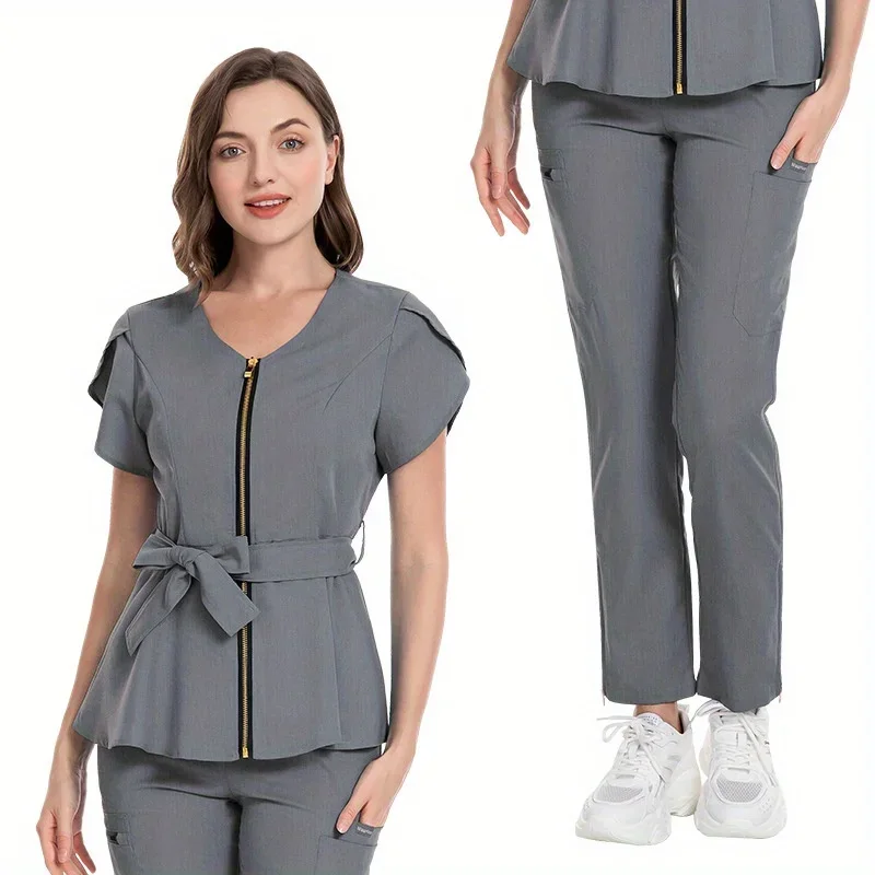 

Ladies Short Sleeve Stylish Elastic Drawstring Waist Scrub Suit Workwear