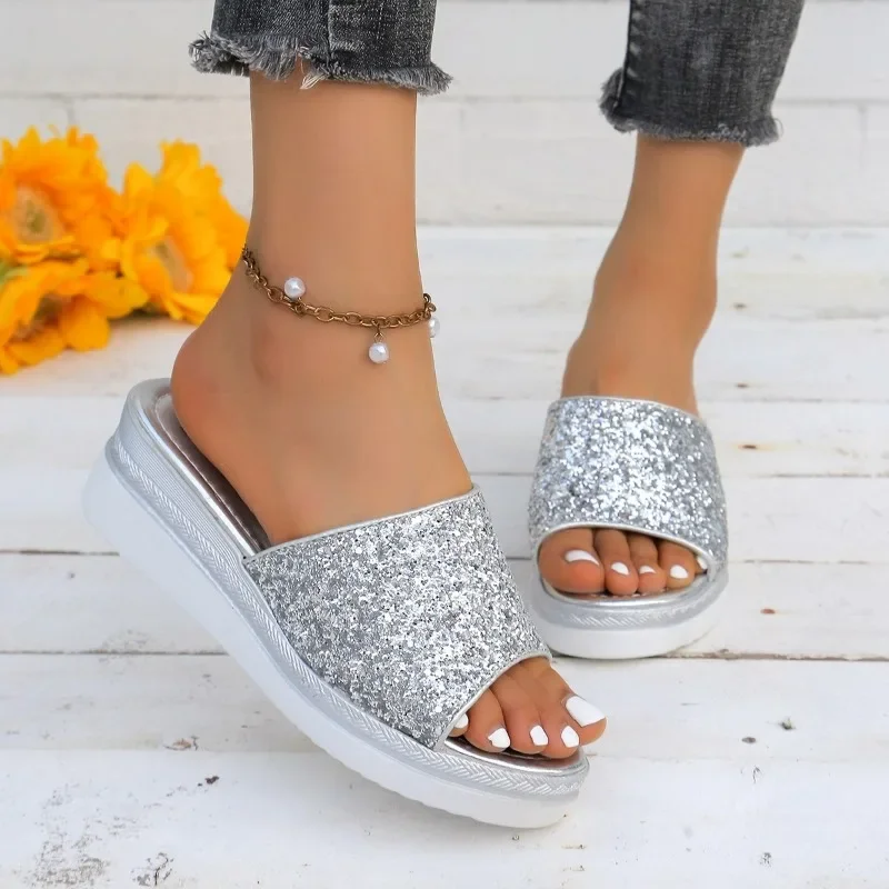 2024 brand Ladies Shoes Plus Size Women's Slippers Fashion Sequins Casual Slippers Women New Peep Toe Wedge Slippers zapatos