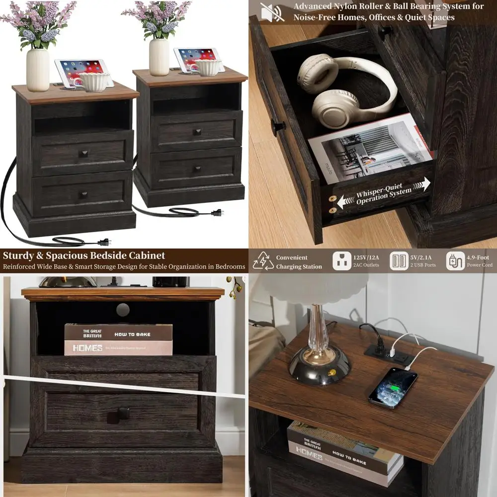 Pair of Farmhouse Style Nightstands with Charging Station, 2 Drawers, and Open Shelf Storage