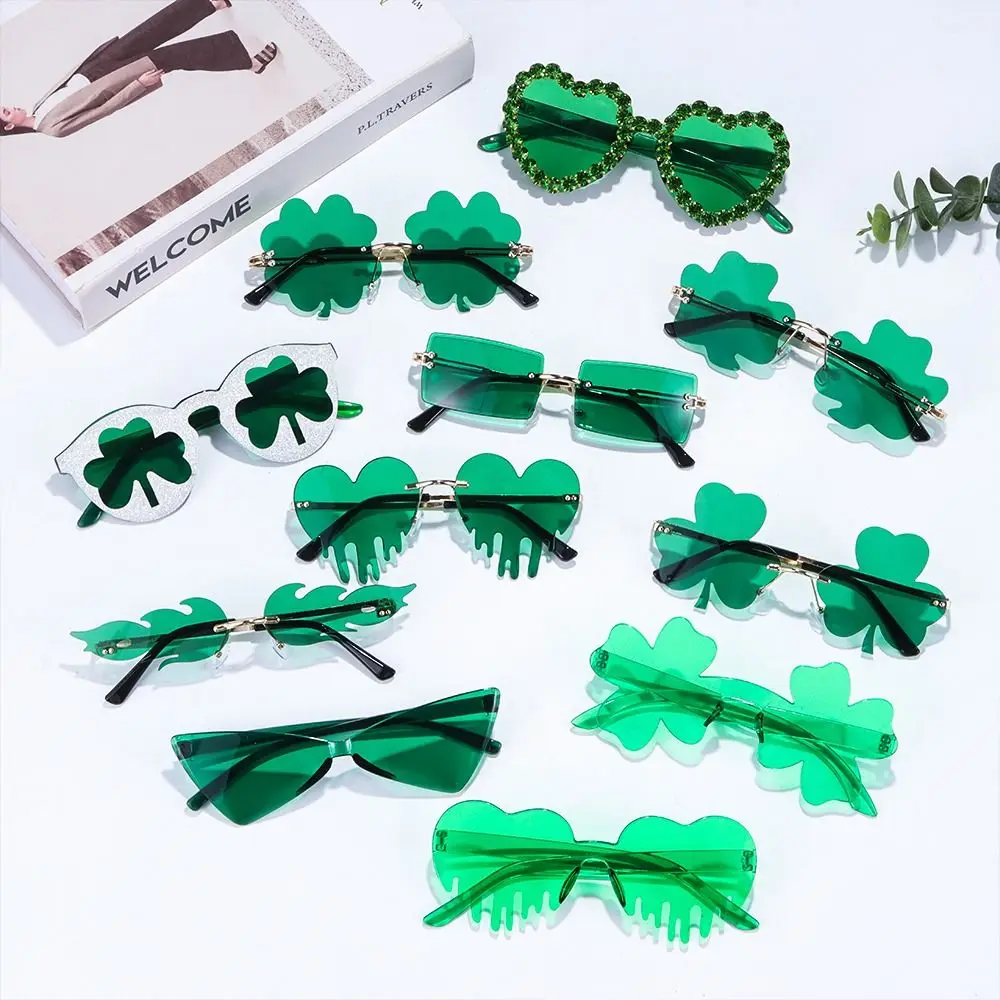 Fashion Party Rimless Sun Glasses St Patricks Day Leprechaun Costume Glasses Green Four Leaf Clover Irish Shamrock Sunglasses For Holiday Dance view 6