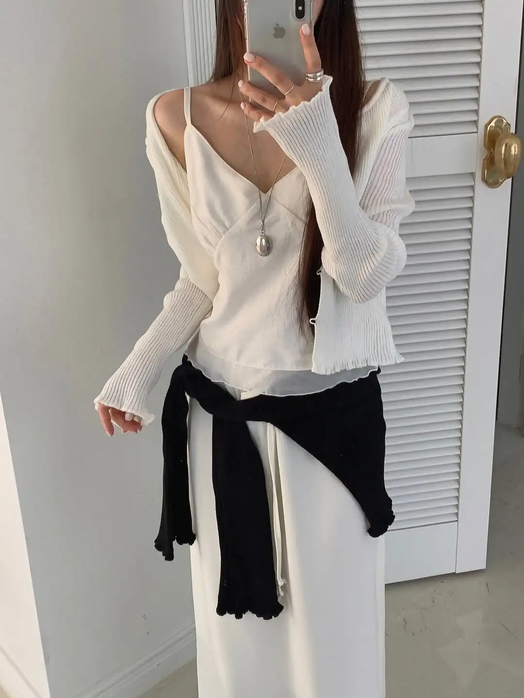 

Women's Short Sleeveless Vest Top with Wood Grain Splicing Design Versatile Drawstring Waist Straight Tube Skirt Set