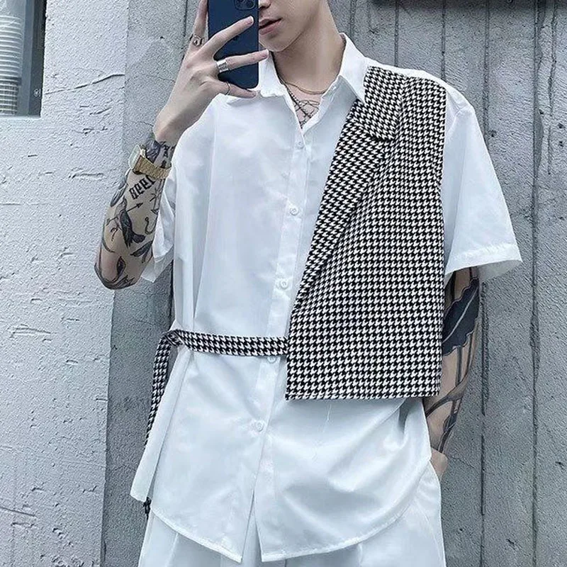 Camisa de peito único com gola polo, versão coreana masculina, roupa casual, tendência bonito, duas peças falsas, moda verão