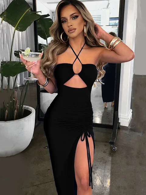 Seksowne kobiece sukienki midi bez rękawów z odkrytymi plecami Slim Night Club Party Sukienka damska Bodycon Vestidos Elegantes Para Mujer