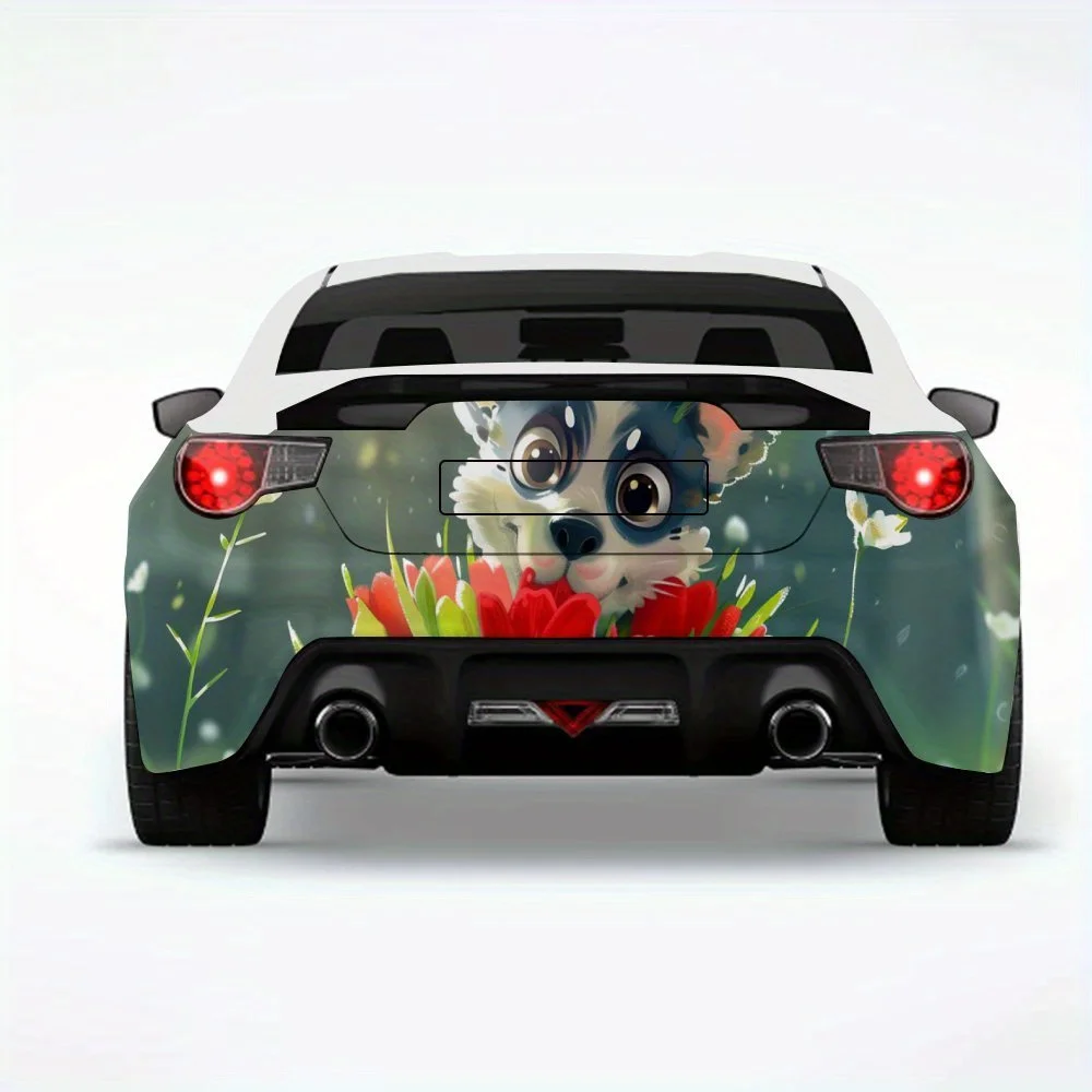 

Cute Dog With Tulips,Vinyl Decal for Car Rear, Waterproof Self-Adhesive Vinyl Stickers for Vehicle Tail and Bumper, Decoration P