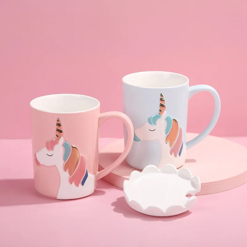 Ceramic Coffee Mug with Spoon Cover Lovely New Creative Cartoon Unicorn Crown Ceramic Cup Office Home Water Bottle Couple Gift