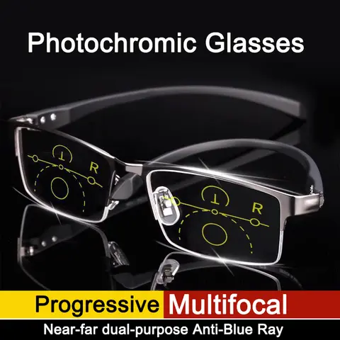Lunettes de lecture progressives photochromiques à Transition en titane pour hommes, hypermétropie, presbytie, dioptries, lentilles de presbytie en plein air