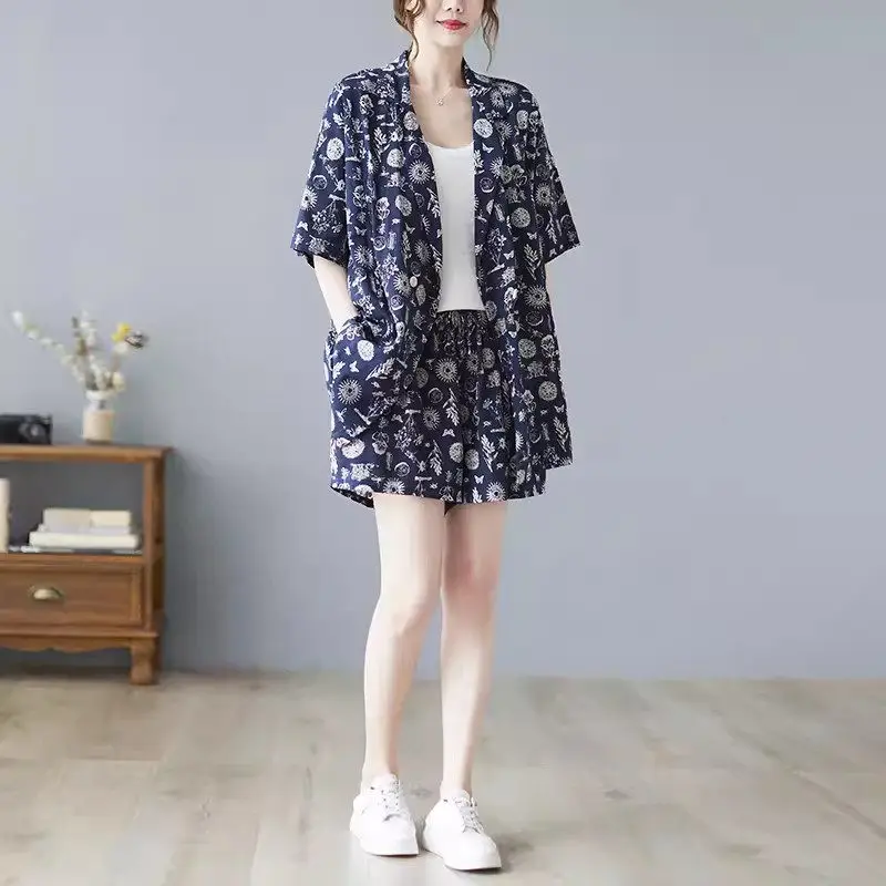 Fashion Outfit Women's Summer Art Large Cotton And Linen Shorts Suit Coat Slim Wide Leg Shorts Floral Thin Two Piece Set k1308