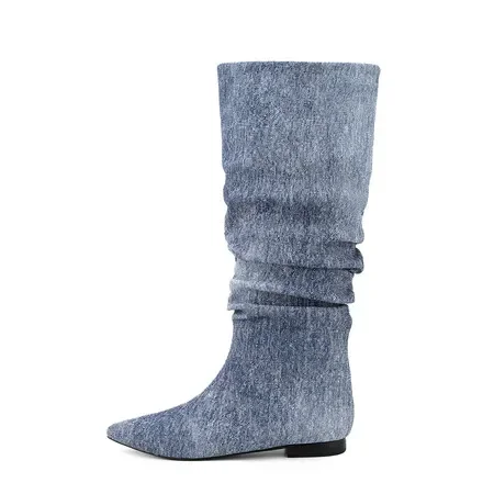 Large Size Leisure Punk Concise Pleated Slip-on Long Boots Pointed Toe Denim Boots For Women Flat Shoes Women Chelsea Boots