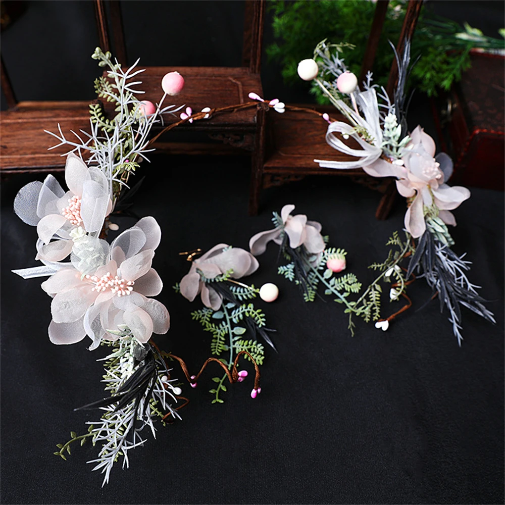 Fashion Flower Crown Headband Bridal Flower Garland Earrings Set Handmade Rattan Hair Bands Women's Girls Wedding Party Ornament